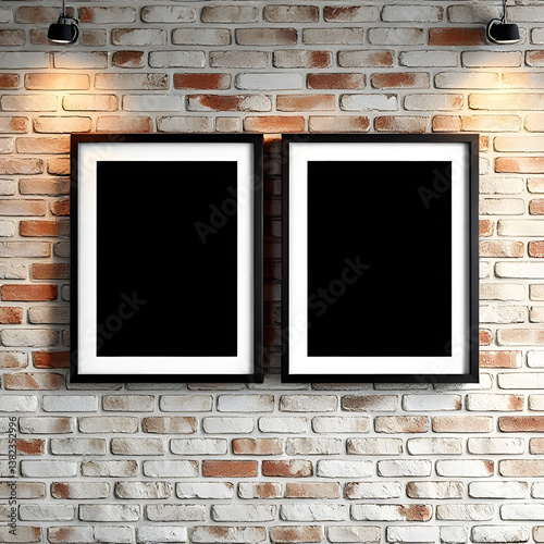 Empty Frames: Two sleek, black picture frames are displayed on a textured brick wall, illuminated by a focused overhead light, ready to be filled with your personal art and content.