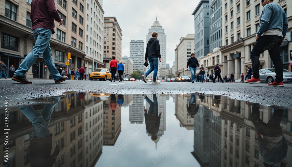 Obraz premium Urban cityscape reflected in puddle, moody street scene