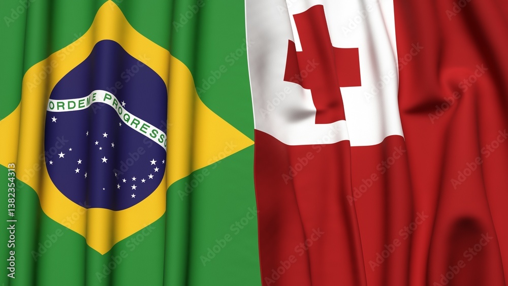 Fototapeta premium Flags of BRAZIL and TONGA with realistic cloth texture
