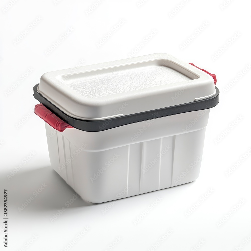 White storage container with red handles on a clean surface, ideal for organizing household items White storage container with red handles on a clean surface, ideal for organizing household items