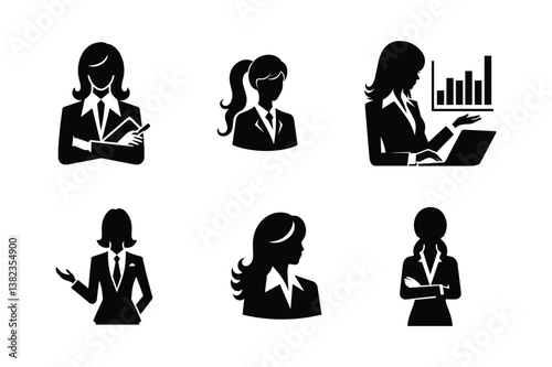 Business people icon set with silhouettes of professionals in various office and work scenarios
