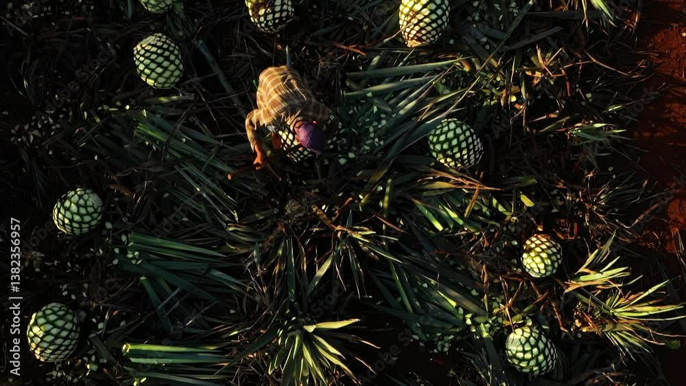 Toma de drone en cenital de trabajadores en un campo de agave tequilero en Tequila Guadalajara Jalisco, México.