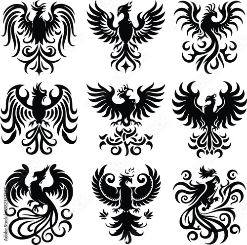 Phoenix Bird Silhouette | Legendary Rebirth and Flame Bird Illustration Phoenix Bird Silhouette | Mythical Firebird and Fantasy Creature Vector