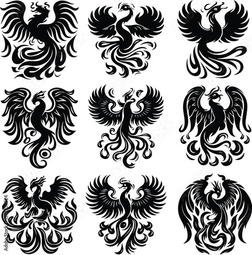 Phoenix Bird Silhouette | Legendary Rebirth and Flame Bird Illustration Phoenix Bird Silhouette | Mythical Firebird and Fantasy Creature Vector