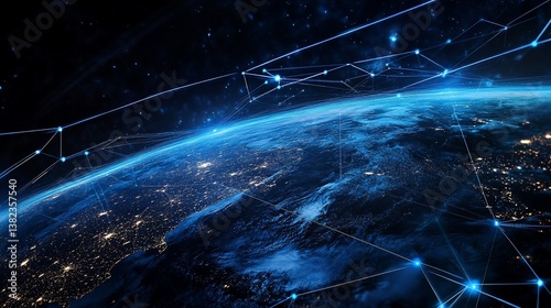 Interconnected World: Global Network Over Earth from Space with Connections