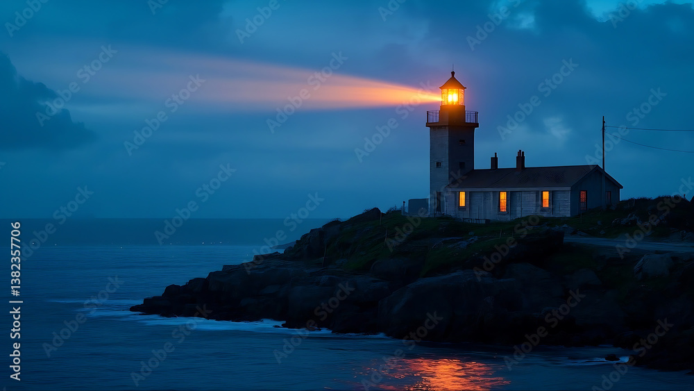 Dramatic Night Lighthouse Scene with Beam of Light Cutting Through Dark Cloudy Sky Dramatic Night Lighthouse Scene with Beam of Light Cutting Through Dark Cloudy Sky