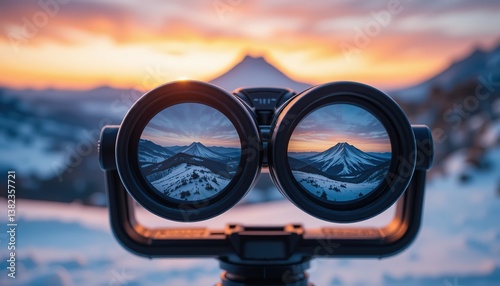 Binoculars focused on snowy mountain landscape. View through lens shows snow-covered peak, horizon at sunset. Outdoor winter scene, cold weather. Exploration, travel concept, 4k background