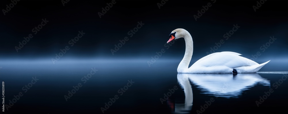 Fototapeta premium A serene white swan glides gracefully across calm waters, reflecting its beauty against a dark, moody backdrop.