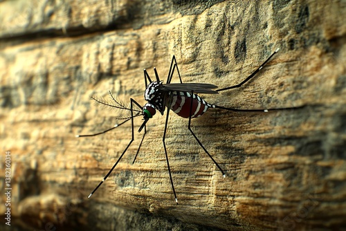 High-resolution image of an Aedes aegypti mosquito on a rustic log cabin wall, textured wood. photo