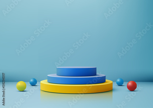 3d blue yellow podium with colorful spheres modern product display mockup showroom showcase abstract vibrant