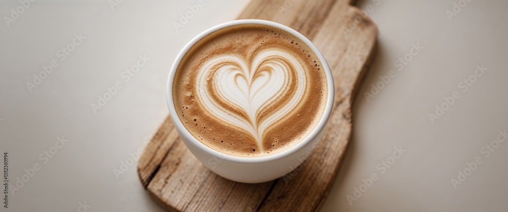 Warm Latte with Heart Shaped Art on Wooden Board