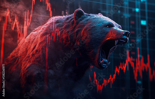 A roaring bear represents a market downturn, placed against the backdrop of bright stock candlestick charts,