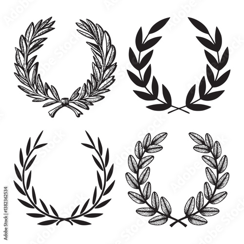 Set of vector laurel icon, large silhouette wreath set.
