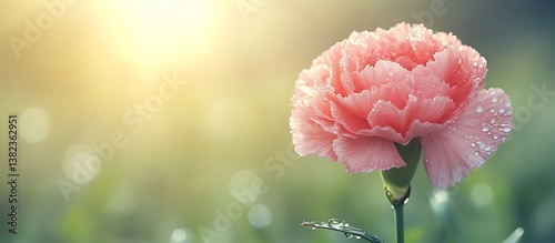 Blooming Pink Carnation Flower with Dew Drops in Soft Sunlight