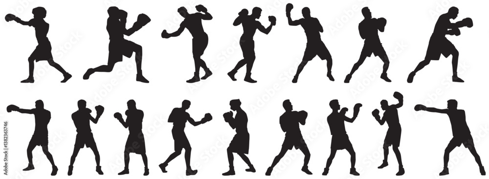 set of silhouette of boxing player. Set of boxer player in action set of silhouette of boxing player. Set of boxer player in action