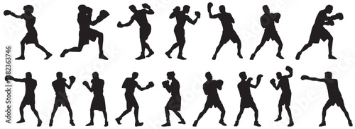 set of silhouette of boxing player. Set of boxer player in action 