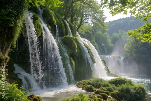 cascading waterfall over moss-covered rocks surrounded by lush greenery and misty atmosphere
