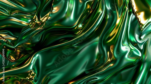 Elegant dark gold liquid waves create a smooth abstract banner design on a rich green background