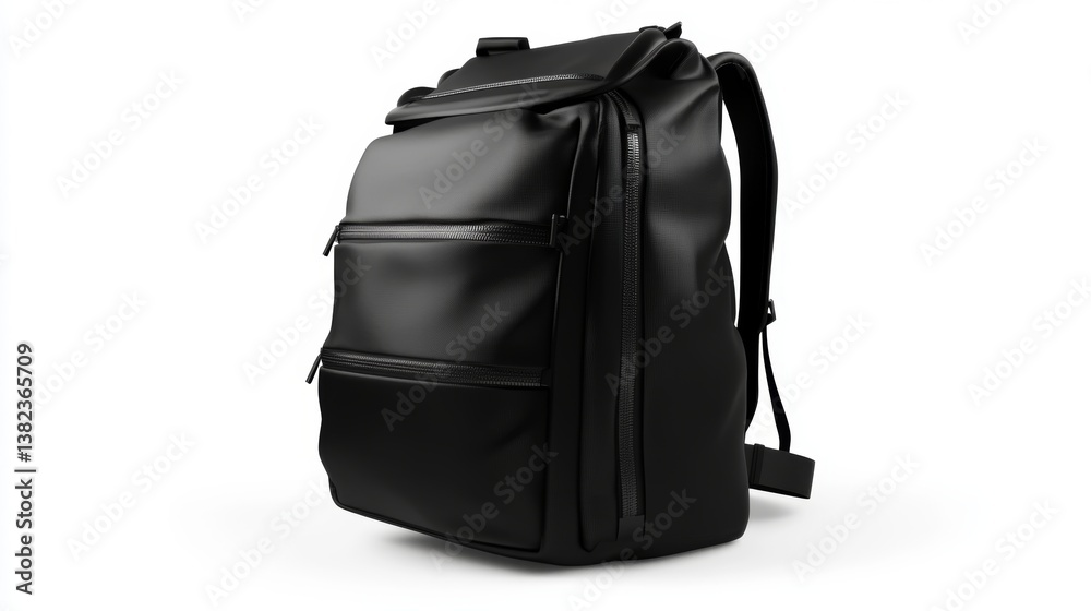 Naklejka premium Stylish black backpack designed for everyday use, featuring multiple pockets and a sleek appearance suitable for urban environments, isolated on white background