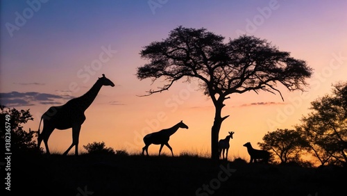Silhouettes of giraffes and antelopes near tree at sunset in savanna landscape. Wildlife and safari concept