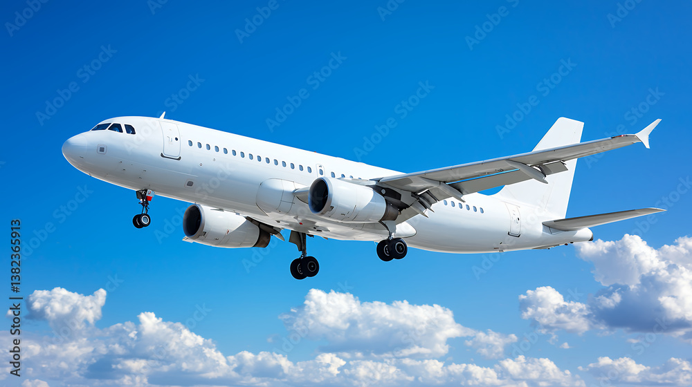 Fototapeta premium white airplane flying in clear blue sky with fluffy clouds, showcasing beauty of air travel and aviation