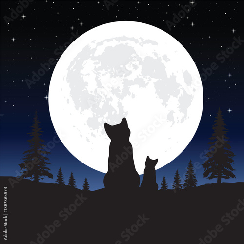  A beautiful vector illustration depicting the silhouette of two cats sitting together on a hill, gazing at a large glowing full moon in a starry night sky.