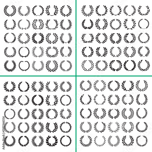 Set of vector laurel icon, large silhouette wreath set.