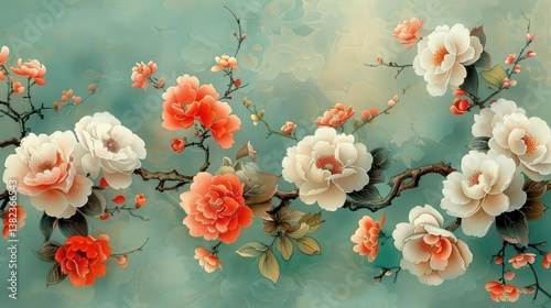 A serene floral design featuring vibrant roses and blossoms against a soft blue background.