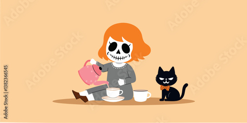 girl with skull makeup pours tea with her black cat companion