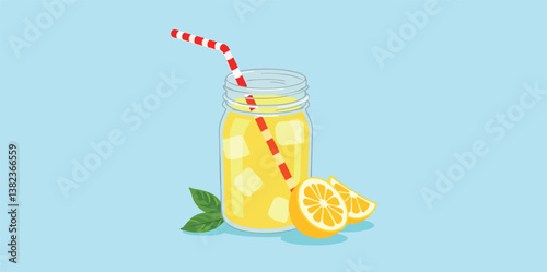 mason jar filled with refreshing lemonade garnished with ice and lemon slices.