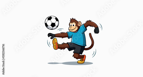 playful monkey cartoon character kicking soccer ball