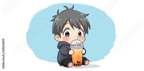 happy chibi boy enjoying a refreshing bubble tea