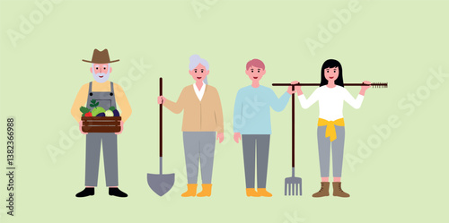 four farmers harvesting vegetables together in the