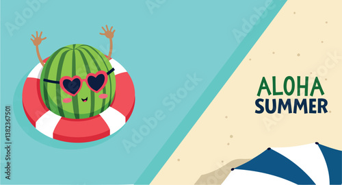 happy watermelon character floats on life preserver in summer scene