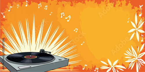 vintage turntable on vibrant background with musical notes