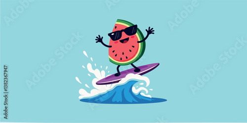 smiling watermelon slice surfing on a summer wave
