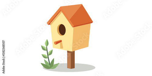 charming yellow birdhouse with an roof stands on a beside a green plant
