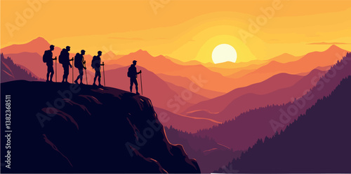 four hikers silhouette at sunset on mountain ridge