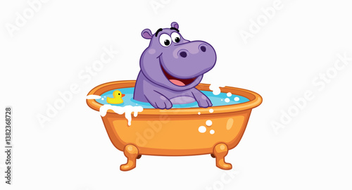 cheerful purple hippopotamus taking a bath with a yellow rubber duck