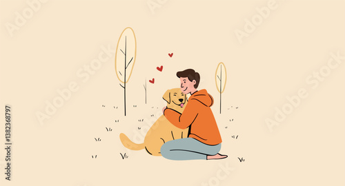 man warmly embracing his golden retriever in a peaceful park setting