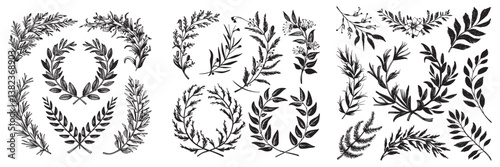 Set of vector laurel icon, large silhouette wreath set.