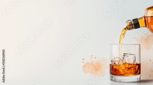 Vibrant Watercolor Illustration of Whiskey Bottle Pouring into Glass with Ice Cubes