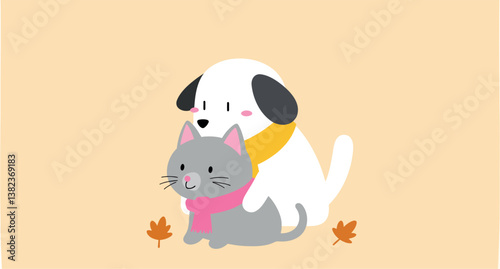 friendly dog and cat wearing scarves in autumn