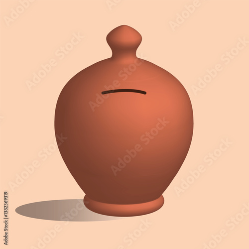 A classic Indian earthen piggy bank, known as "Gullak," used for saving coins and small savings. This traditional money-saving jar is made of clay and has a simple slot for inserting money.