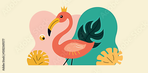 regal flamingo adorned with a golden crown in tropical setting