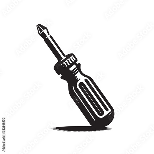 Black Color Screwdriver (Flathead) Silhouette Vector Illustration, Solid White Background