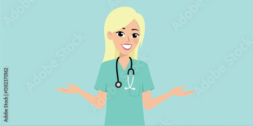smiling female doctor in teal scrubs conveys medical care and trust