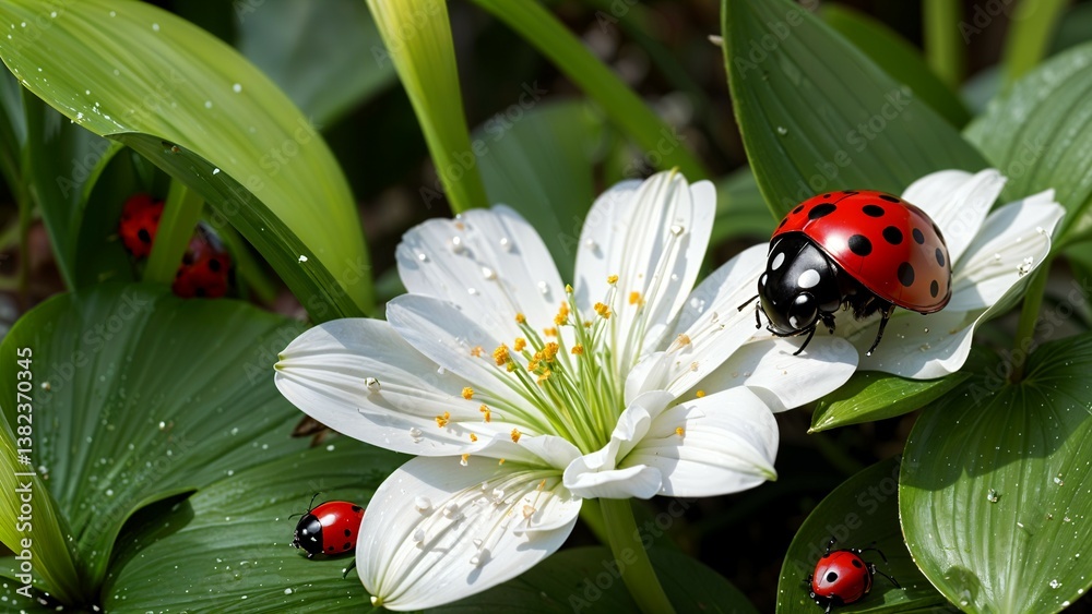 Rinascita e risveglio di Primavera: coccinella su un fiore in un campo o albero fiorito primaverile