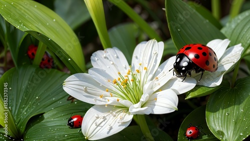 Obraz na płótnie Rinascita e risveglio di Primavera: coccinella su un fiore in un campo o albero fiorito primaverile w salonie