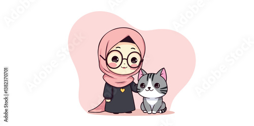charming girl in pink hijab with her adorable striped cat